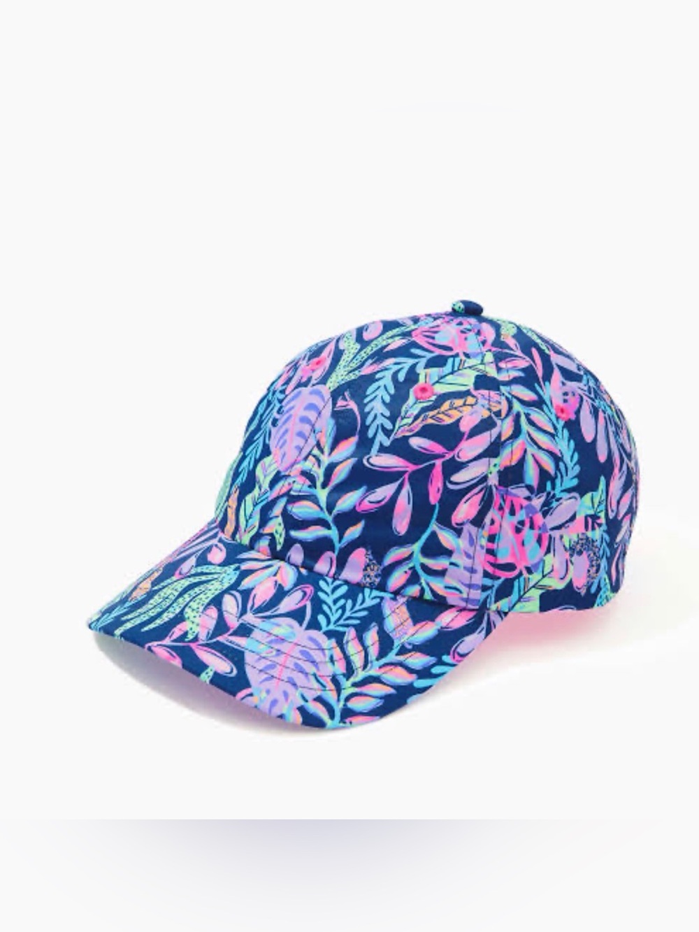 NWOT Lilly Pulitzer Run Around Navy Baseball Cap with Pink and Aqua Leaf Print